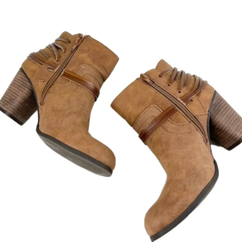 Madden Girl Denise Tan Side Zip Block Heel Ankle Boots size 10 booties wrapped